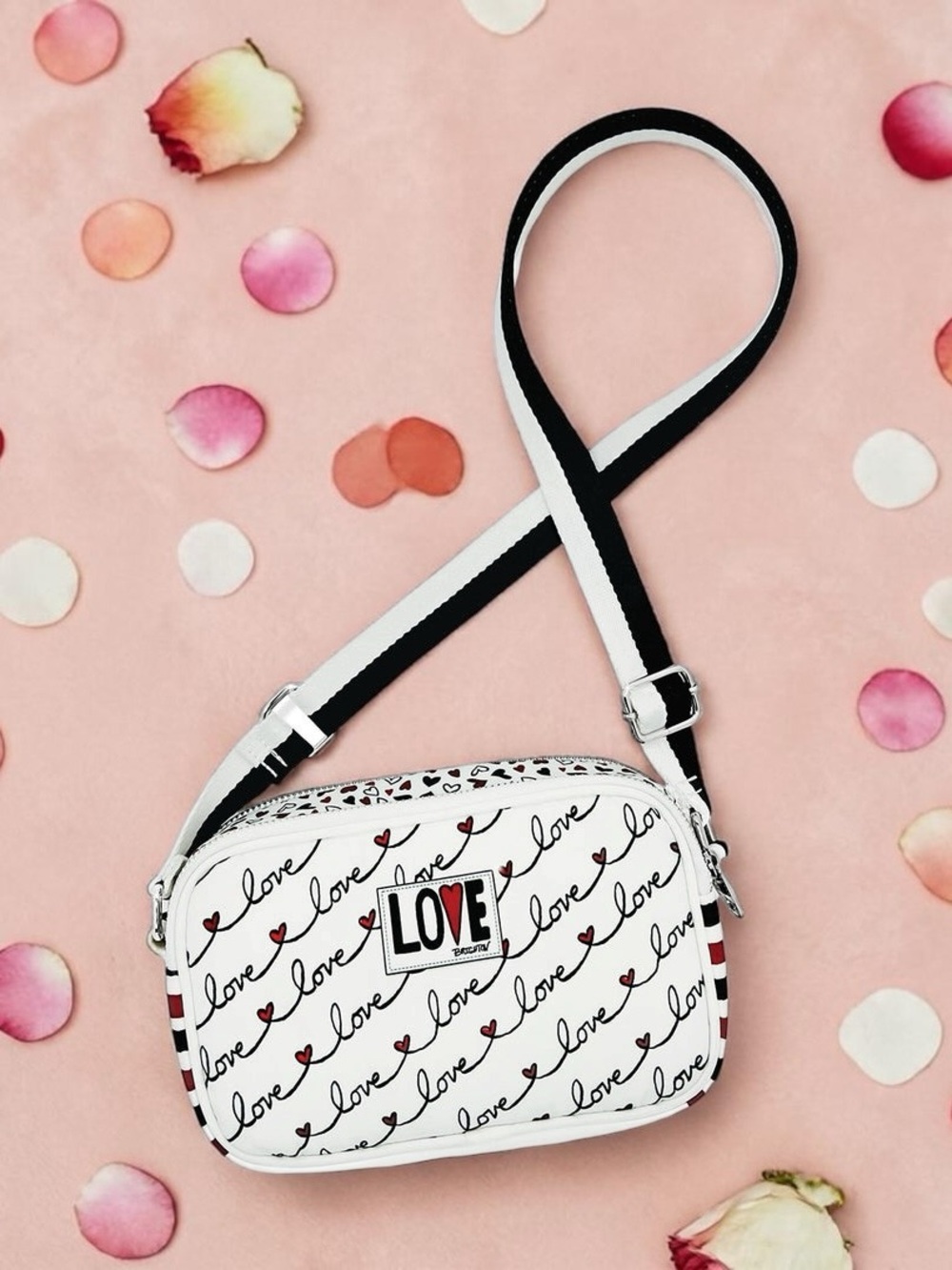 Brighton "Lovescroll" Script "Love" Pattern Canvas Crossbody Bag Striped Strap